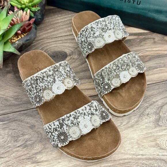 NIB Roan Bed Stu 7.5 Jury White Multi Beaded Slide Sandals Boho - Picture 1 of 12